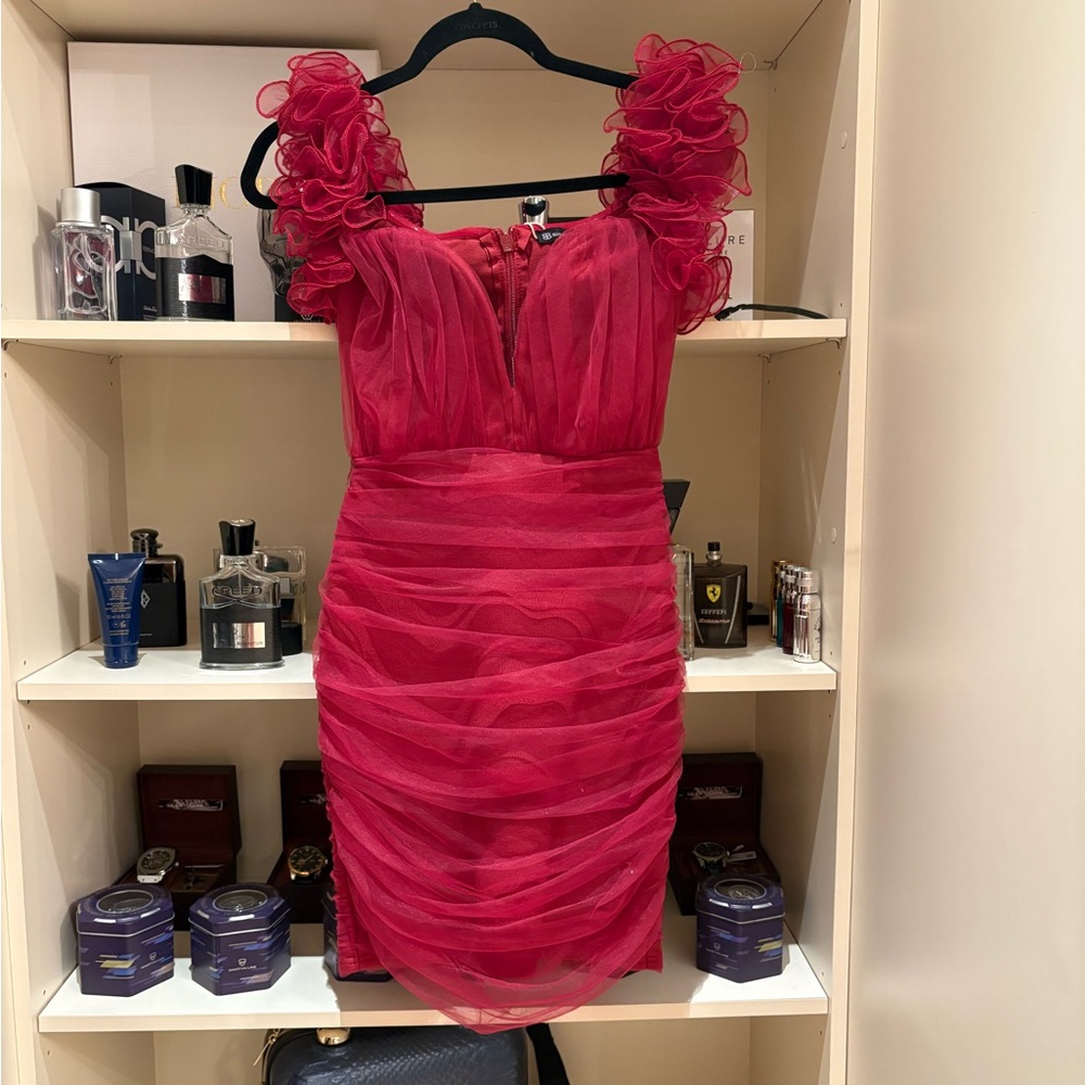 Red Ruched Ruffled V-Neck Bodycon Midi Dress